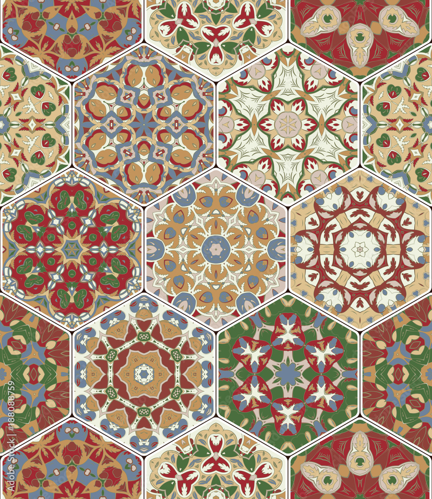 Multicolor vector set of hexagonal tiles in Arabic style. Oriental designs for the design of ceramics, textiles or scrapbooking.