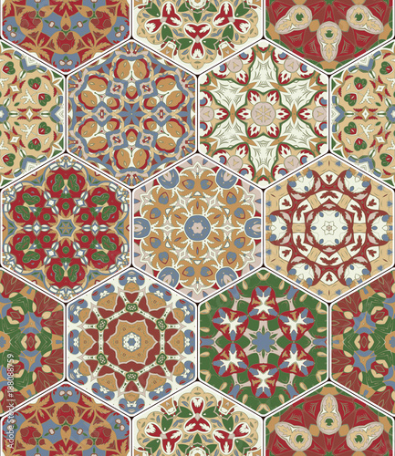 Multicolor vector set of hexagonal tiles in Arabic style. Oriental designs for the design of ceramics, textiles or scrapbooking.