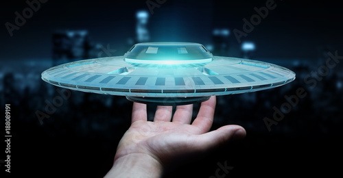 Fototapeta Naklejka Na Ścianę i Meble -  Businessman with retro UFO spaceship 3D rendering