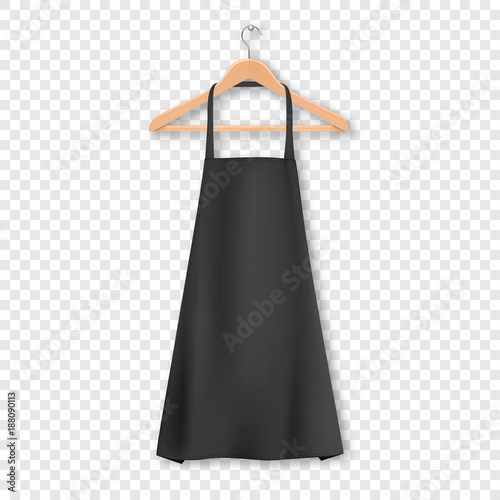 Vector black blank cotton kitchen apron with clothes wooden hanger closeup isolated on transparency grid background. Design template, mock up for branding, advertising etc. Cooking or baker concept