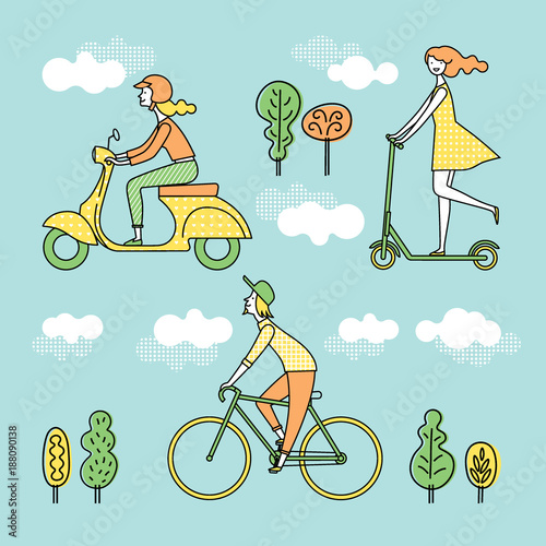 People_f3/People on the street. Vector set of characters. A girl rides a scooter. A man rides a bicycle. Color image.