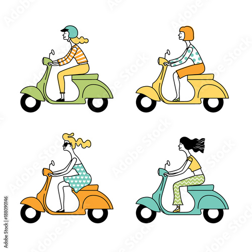People_figure5/People on the street. Vector set of characters. A girl rides a scooter. Color image. 