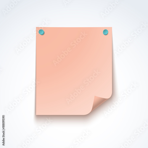 Pink blank post note paper sheet fixed with push pins isolated on white background. Vector mockup