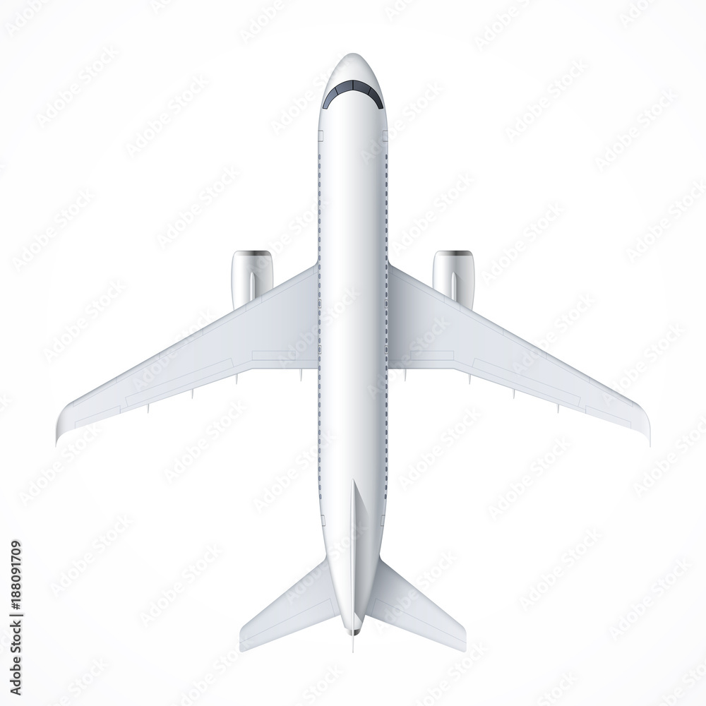 Flying airplane, jet aircraft, airliner. Top view of detailed passenger