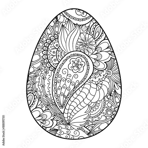 Vector illustration of an easter egg with doodle pattern, coloring, isolated on white background.