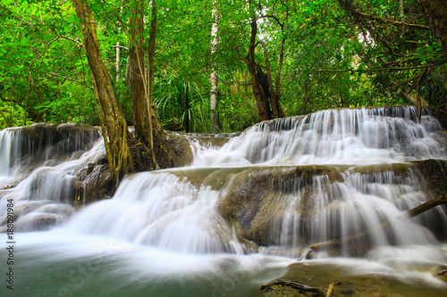 Huay Mae khamin waterfall a beautiful haven of the middle of the forest in Kanchanaburi. Thailand