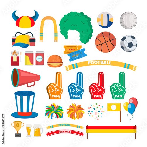 Sport Team Supporters Tools Set Vector. Accessories. Hat  Flag  Scarf. Isolated Flat Cartoon Illustration