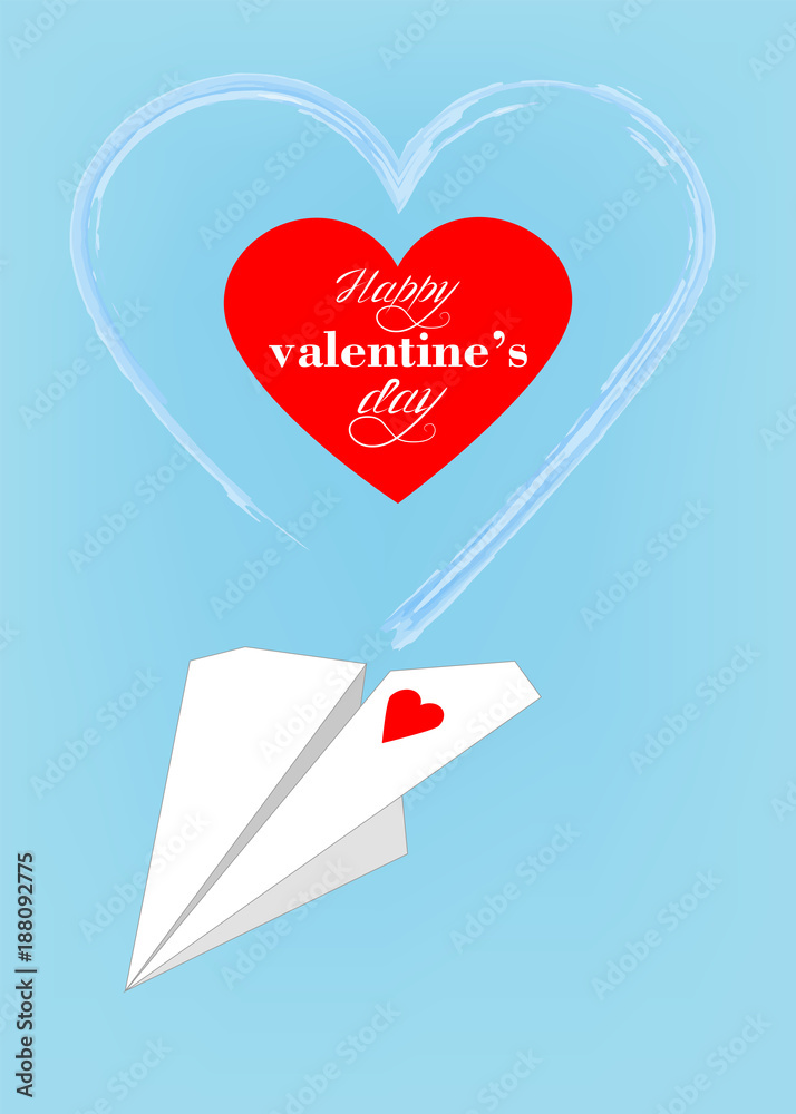 greeting card for valentine day, text heart and paper airplane on blue background, vector illustration greeting card for valentine day, text heart and paper airplane on blue background, vector illustration