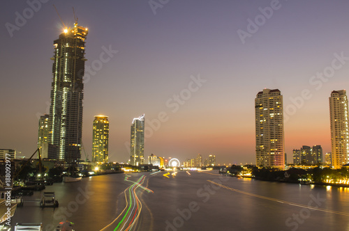 Chao Phraya River Ferris Wheel Trail and night light Bangkok