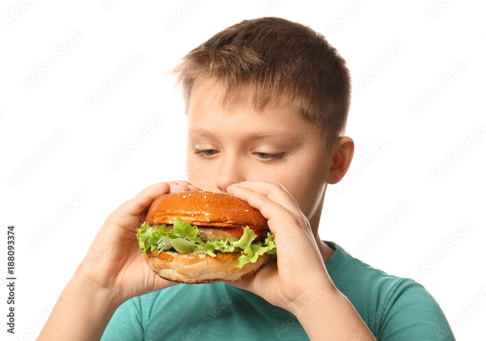 Overweight boy eating burger on white background Overweight boy eating burger on white background