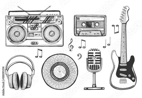 Retro music objects icons set