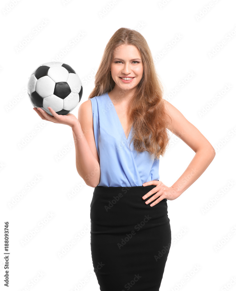 Beautiful manager with soccer ball on white background