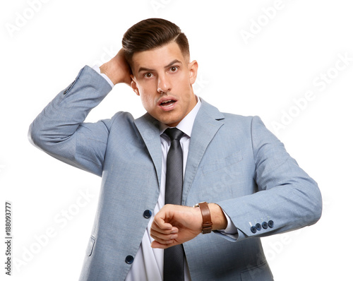 Shocked manager on white ba...