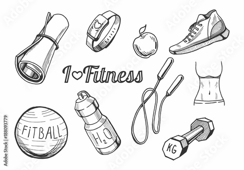 Fitness items icons set