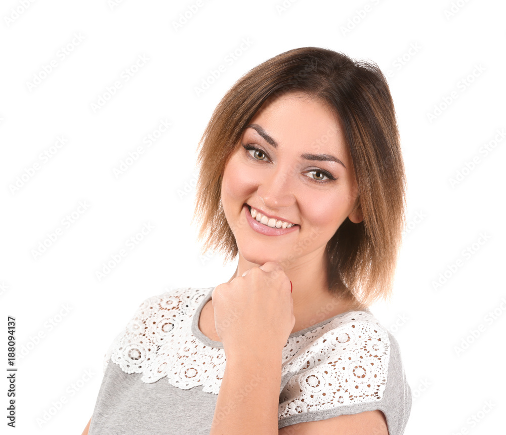 Young beautiful smiling woman on white background Young beautiful smiling woman on white background