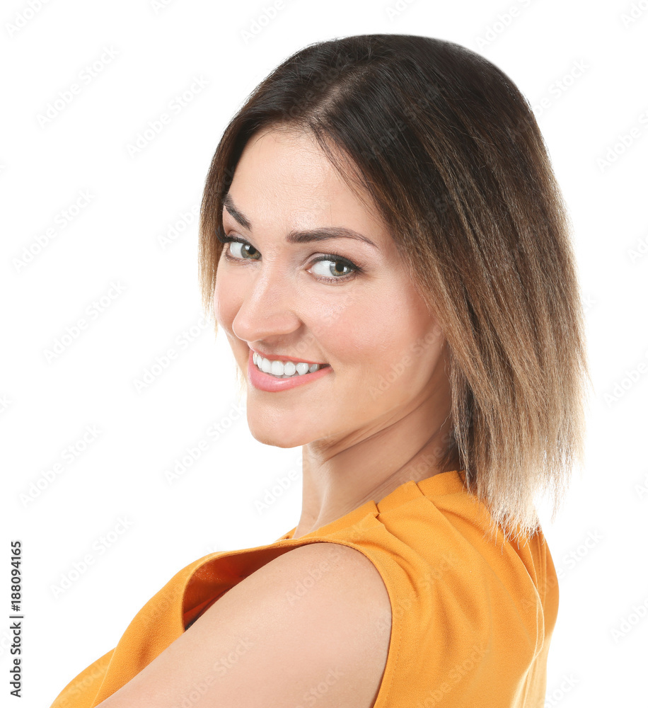 Young beautiful smiling woman on white background Young beautiful smiling woman on white background