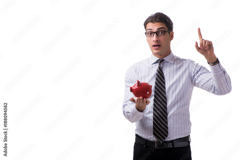 Young businessman with piggybank isolated on white background Young businessman with piggybank isolated on white background