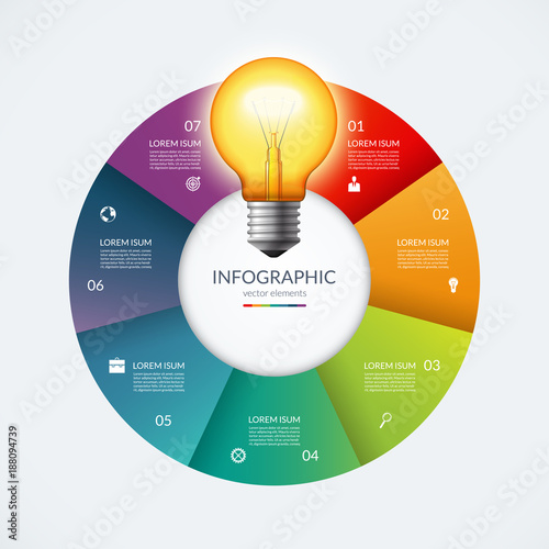 Infographic circle with glowing lightbulb. Creative idea concept with 7 options, steps, parts. Can be used for circular chart, cycle diagram, graph, workflow layout, web design. Vector illustration