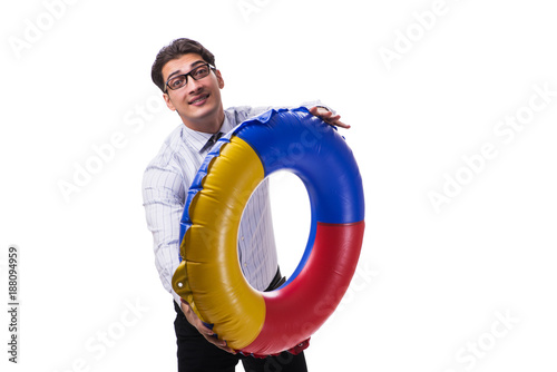 Young businessman with life buoy isolated on white background