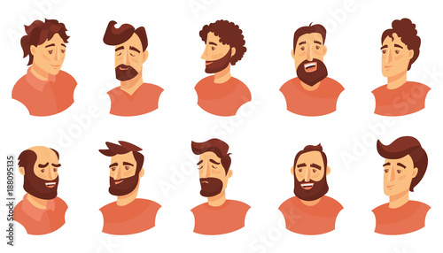 Set of male facial emotions. young man emoji character with different expressions. Vector illustration in cartoon style. photo