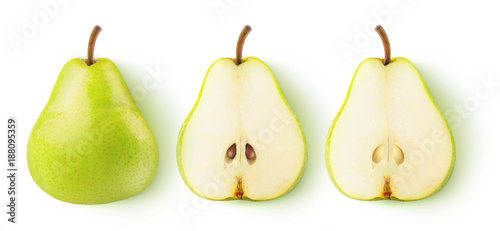 Isolated pears. Whole yellow green pear fruit and two halves in a row isolated on white background with clipping path