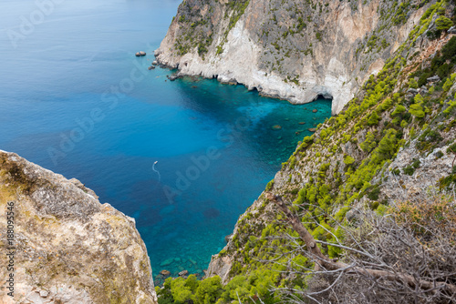 Keri cape. Blue water and rocks of beach on Zakynthos island, Greece