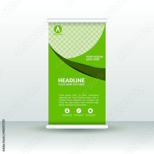 Green roll up banner design brochure flyer vertical template, vector x-banner and street business flag-banner, cover presentation abstract geometric background vertical layout.
