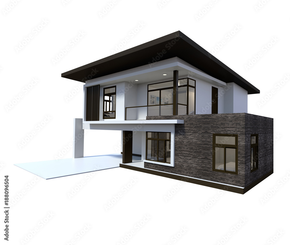 House 3d modern style rendering on white background. House 3d modern style rendering on white background.