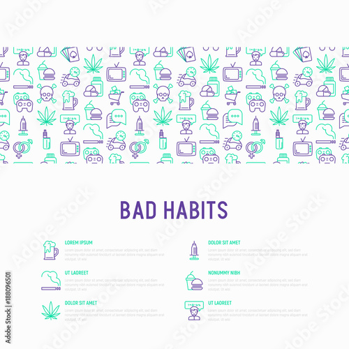 Bad habits concept with thin line icons set: abuse, alcoholism, cigarette, marijuana, drugs, fast food, poker, promiscuity, tv, video games. Modern vector iilustration for banner, print media.