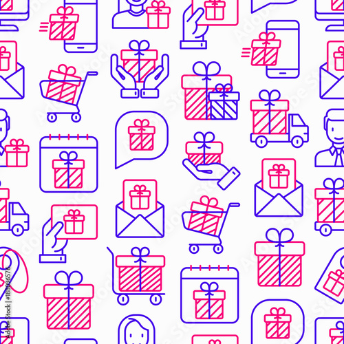 GIveaway or gifts seamless pattern with thin line icons  present in hand  trolley  cart  truck  envelope. Modern vector illustration.