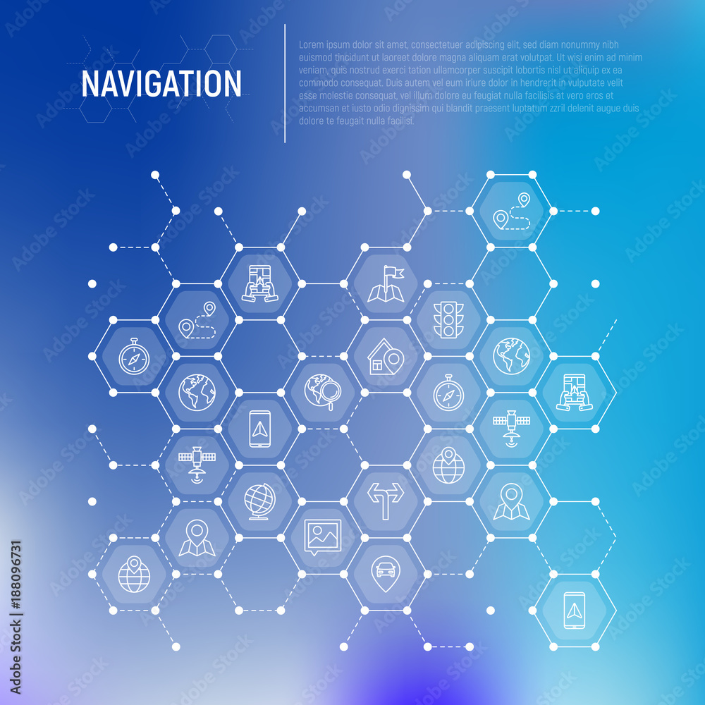 Navigation and direction concept in honeycombs with thin line icons: pointer, compass, navigator on tablet, traffic light, store locator, satellite. Modern vector illustration for banner, web page. Navigation and direction concept in honeycombs with thin line icons: pointer, compass, navigator on tablet, traffic light, store locator, satellite. Modern vector illustration for banner, web page.