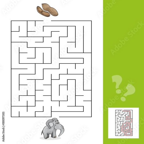 Education Maze or Labyrinth Leisure Game with Elephant and Peanuts with answer