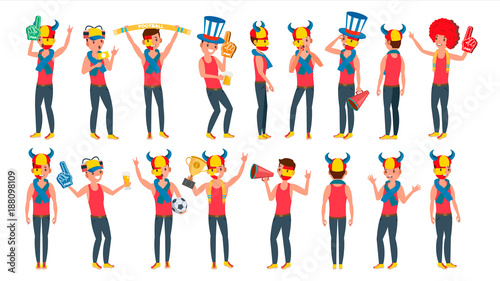 Sports Fan Vector. Outfits Shouting. Cheering At The Stadium. Different Poses. Isolated Flat Cartoon Character Illustration