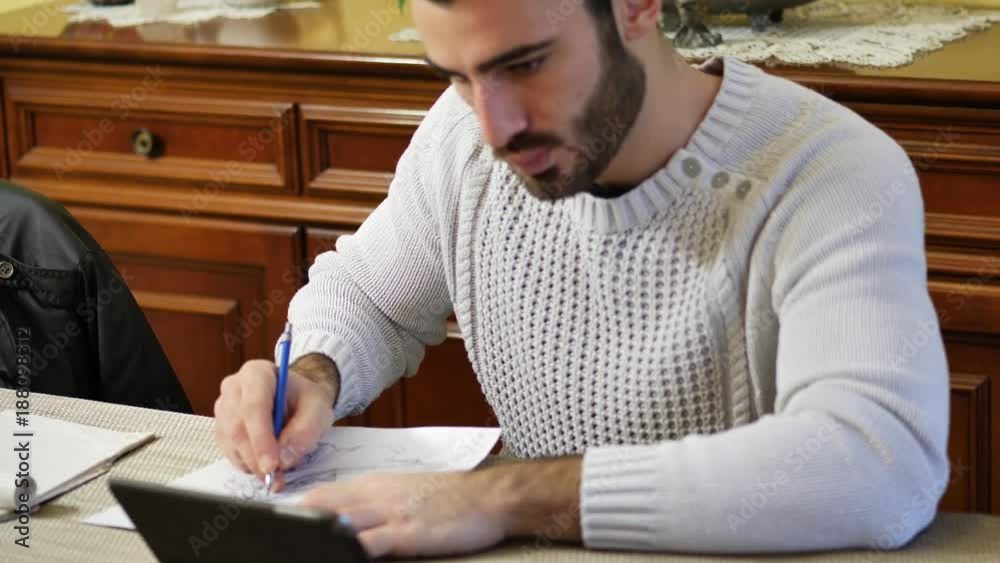 Young designer drawing clothes sketch, sitting at home at table. Concept of working from home Young designer drawing clothes sketch, sitting at home at table. Concept of working from home