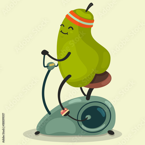 Cute Pear makes exercise on a stationary bike. Eating healthy and fitness. Retro flat concept illustration.