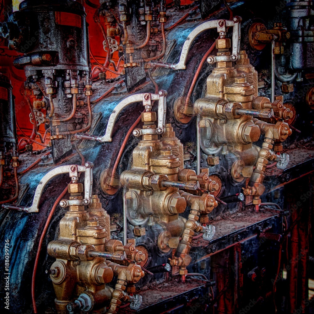 Tiled controls and other parts of a historic steam locomotive's engine ...