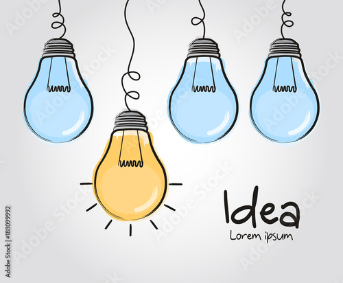 Light bulbs with glowing one different idea. Doodle hand drawn sign. Vector.