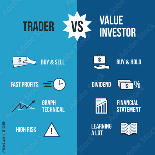 Trader VS Value Investor infographics, The difference between trading and value investing in terms of method and profit result, graph technical, financial statement. flat design vector illustration.
