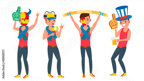 Man Supporting Sport Team Vector. Different Poses. People On Football, Soccer, Hockey Field Bleachers. In Action. Flat Cartoon Illustration