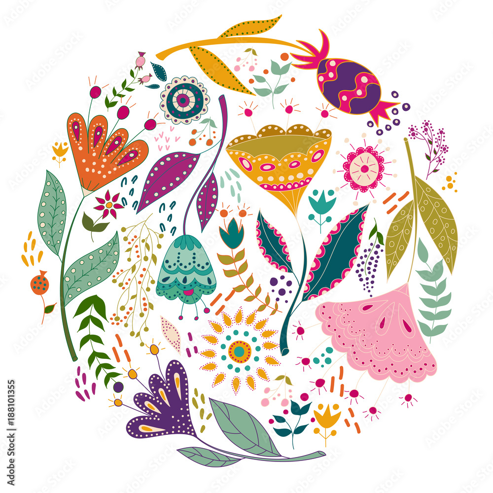 Art set vector colorful illustration with beautiful birds flowers. Art poster for decoration your interior and for use in your unique design Scandinavian style. Folk art.
