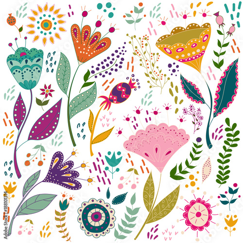 Art set vector colorful illustration with beautiful birds flowers. Art poster for decoration your interior and for use in your unique design. Scandinavian style. Folk art.