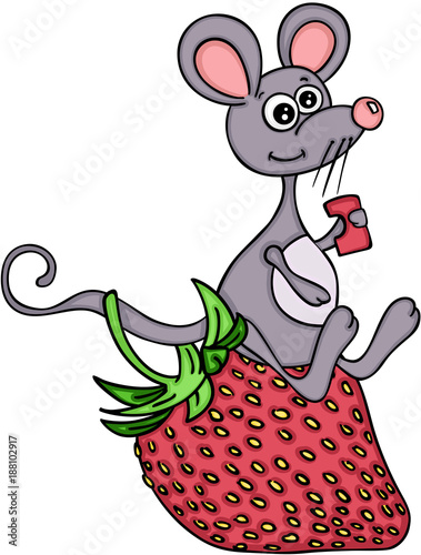 Happy mouse eating a strawberry
