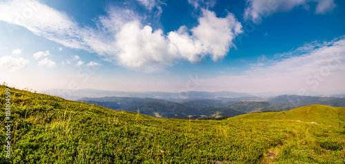 beautiful panorama of mountainous landscape. blue sky with some clouds over the grassy slope of a mountain ridge. lovely summer weather