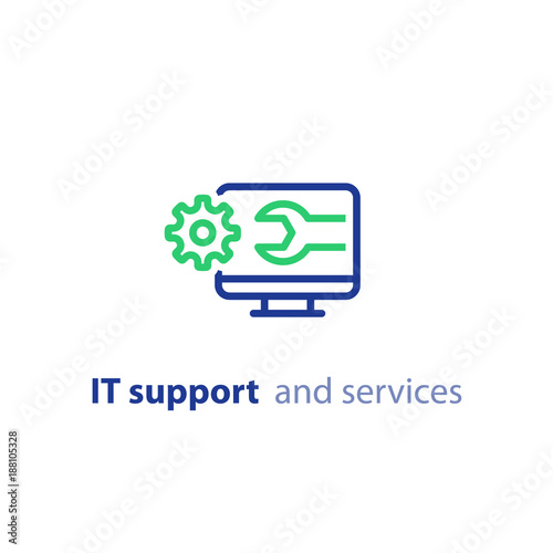 Computer upgrade, system update, software installation, repair services, IT support line icon