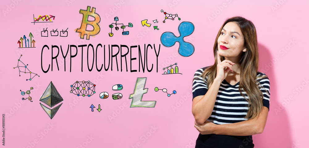 Cryptocurrency with young woman in a thoughtful pose Cryptocurrency with young woman in a thoughtful pose