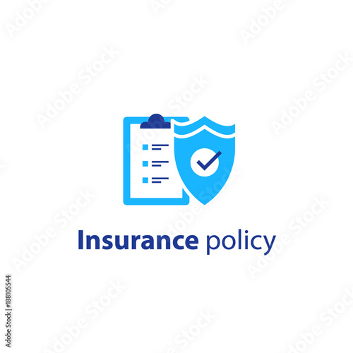 Insurance services, check board and shield, vector stroke icon