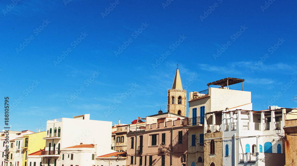 Panoramic photo of skyline of Alghero, Italy