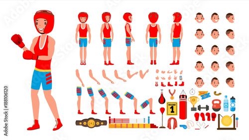 Boxing Player Vector. Animated Character Creation Set. Fighting Sportsman Male. Full Length  Front  Side  Back View  Accessories  Poses  Face Emotions  Gestures. Isolated Flat Cartoon Illustration