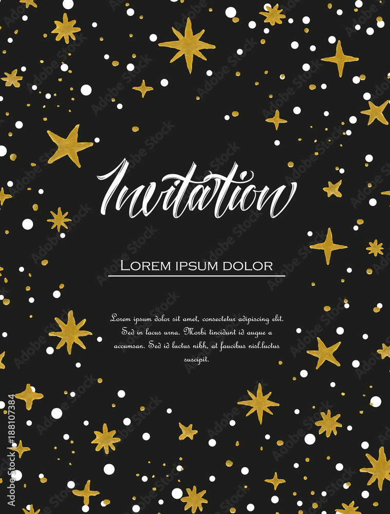 Vector illustration of hand painted stars. Black background with watercolor pattern