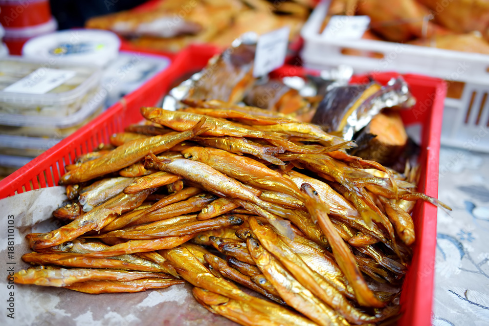 Smoked fish on a farmer's market in Vilnius